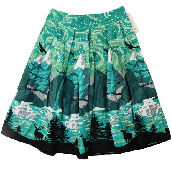 Dressever Pleated Skirt Mountains Deer Wolves Green Winter Side Zip - Picture 4 of 11